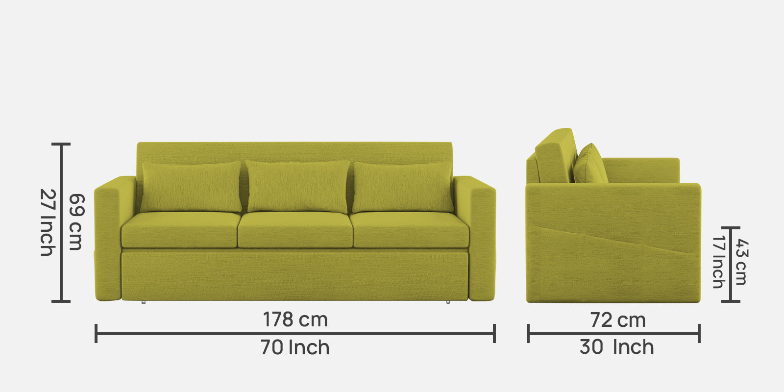 River Fabric 3 Seater Pull Out Sofa Cum Bed In Parrot Green Colour