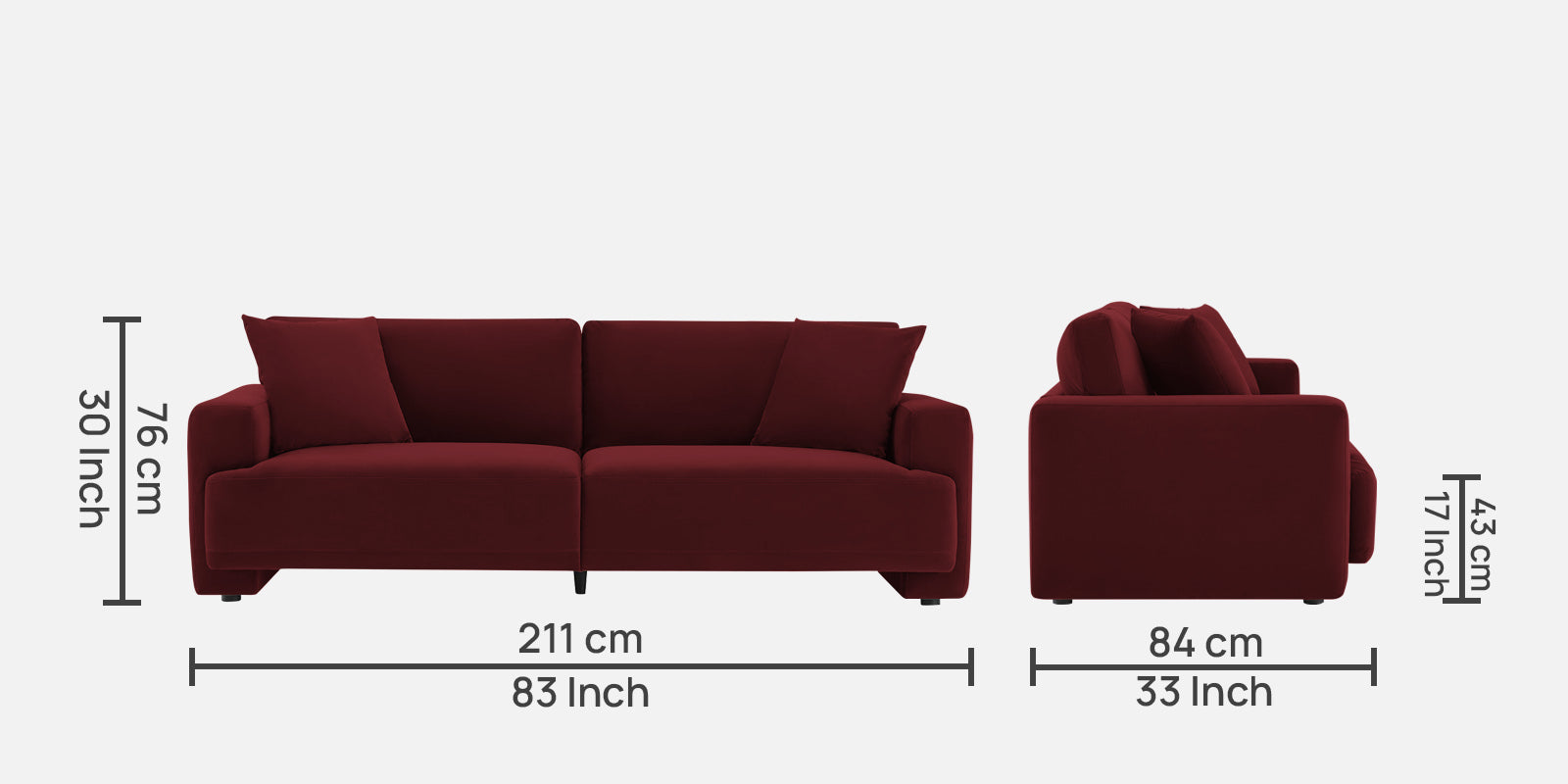 Kosta Velvet 3 Seater Sofa in Dark Maroon Colour