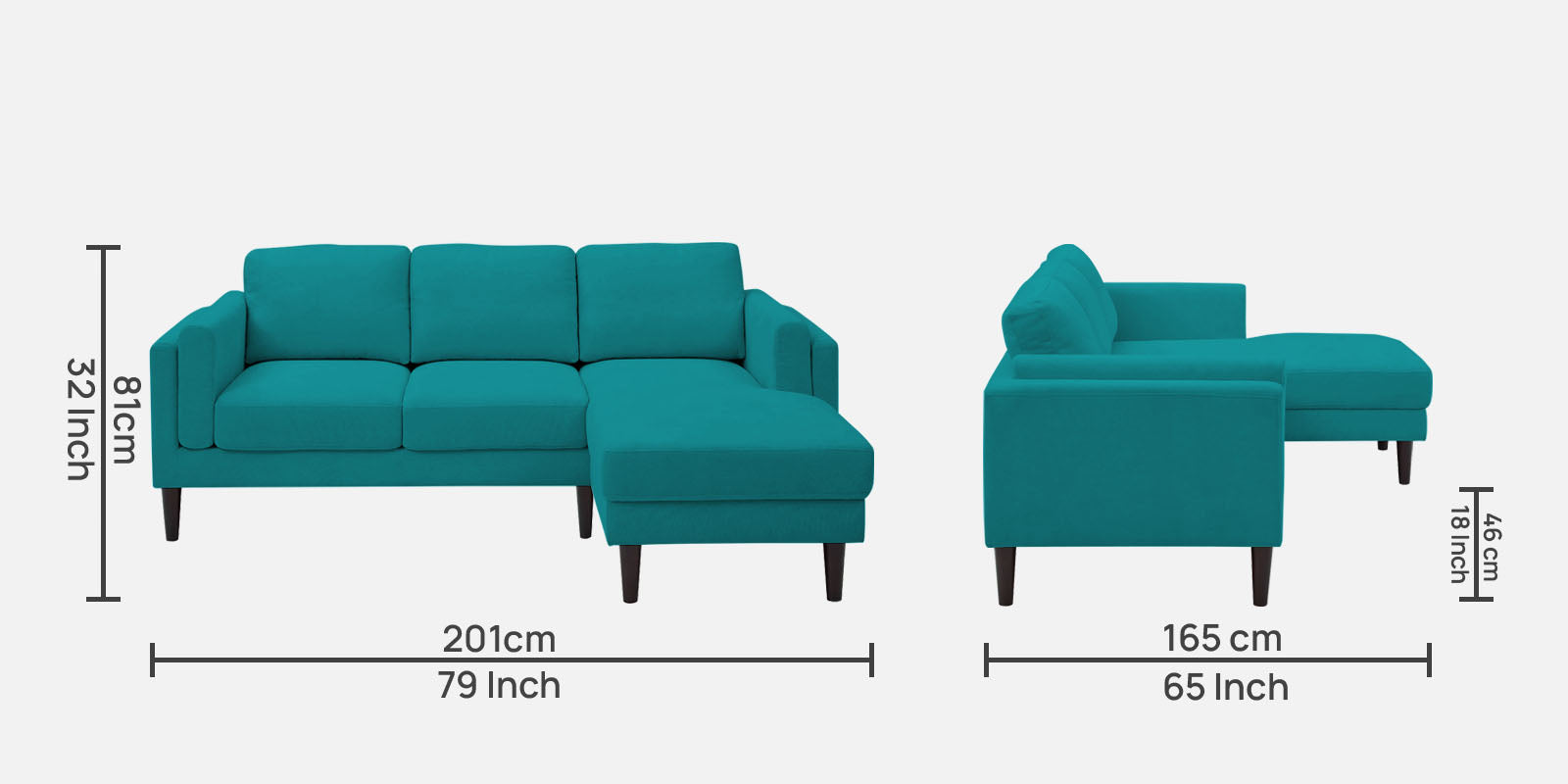 Creata Fabric LHS Sectional Sofa (2+Lounger) in Sea Green Colour by Febonic