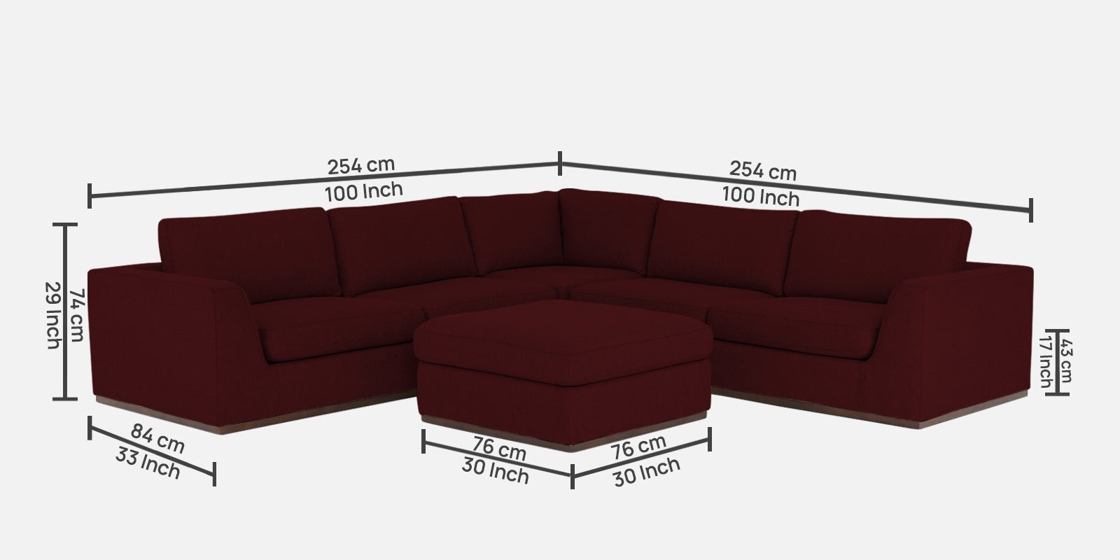 Freedom Velvet 6 Seater LHS Sectional Sofa In Dark Maroon Colour With Ottoman