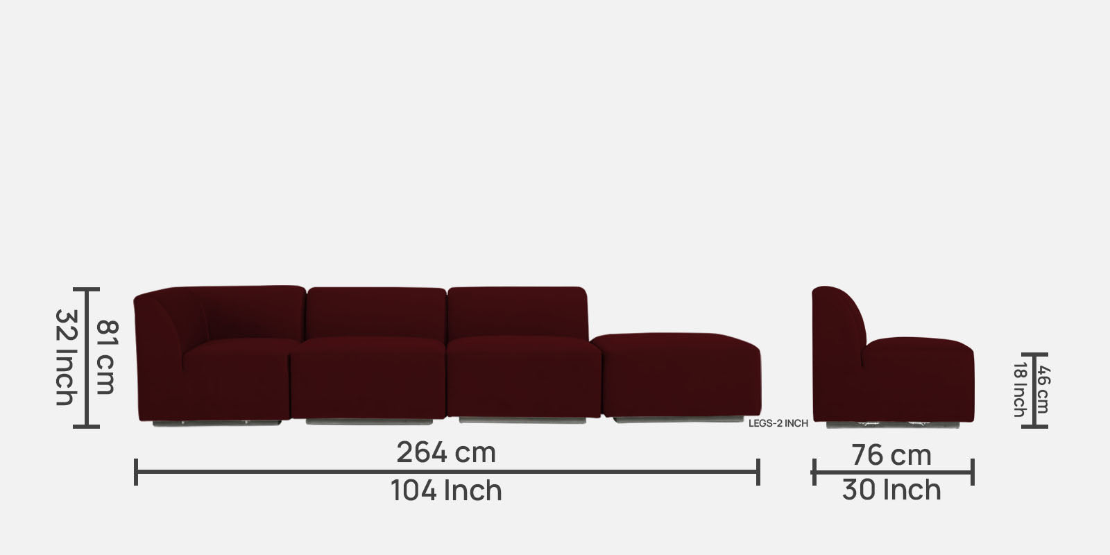 Bufa Velvet RHS Sectional Sofa In Dark Maroon Colour With Ottoman