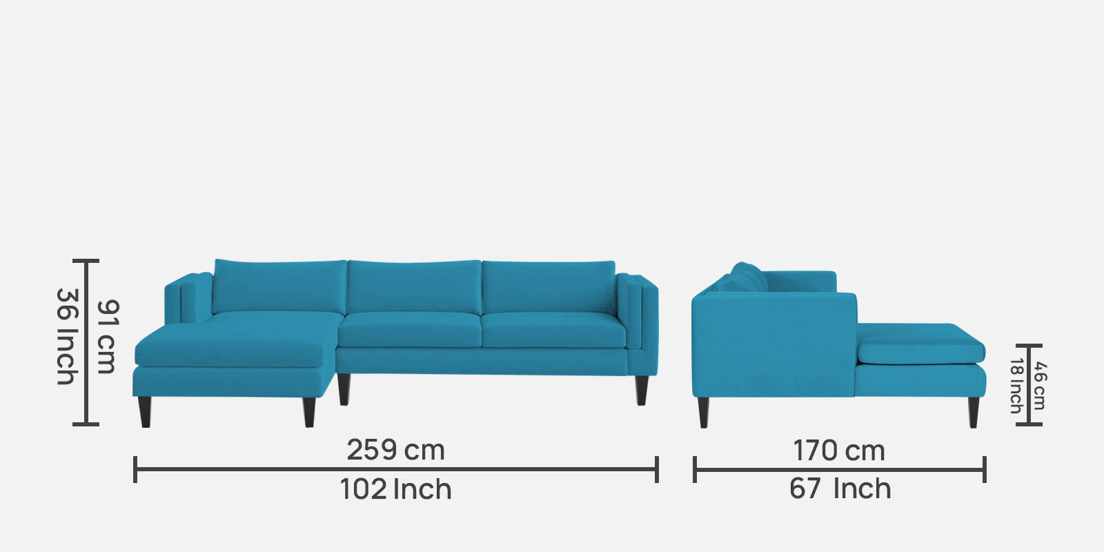 Jasper Velvet RHS Sectional Sofa (3+Lounger) in Aqua blue Colour