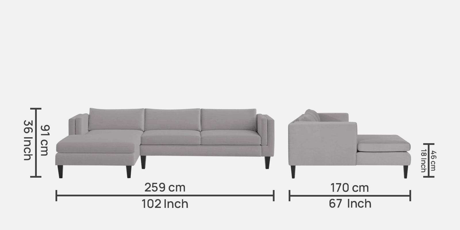 Jasper Velvet RHS Sectional Sofa (3+Lounger) in Concrete grey Colour