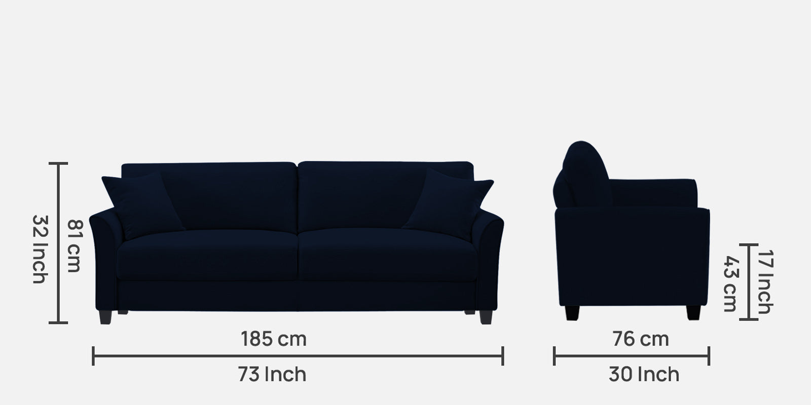 Daroo Velvet 3 Seater Sofa In Dark Blue Colour