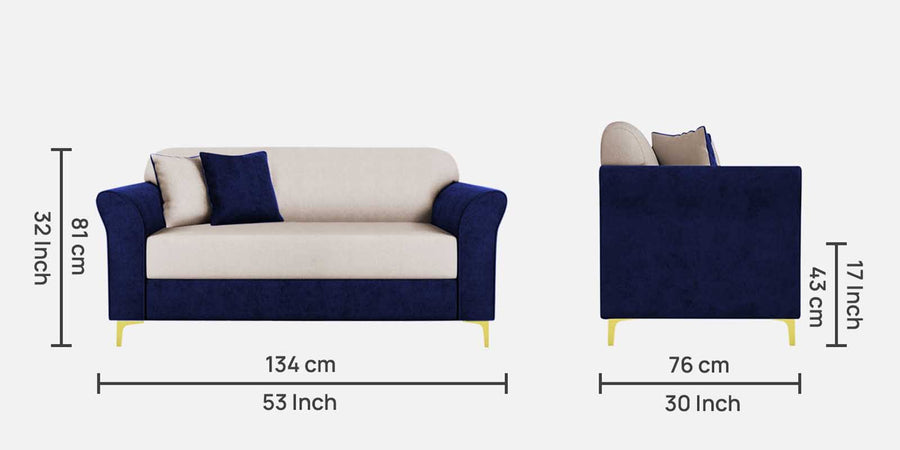 Jordan Velvet 2 Seater Sofa In Imperial Blue And Camel Beige Colour - Febonic Living