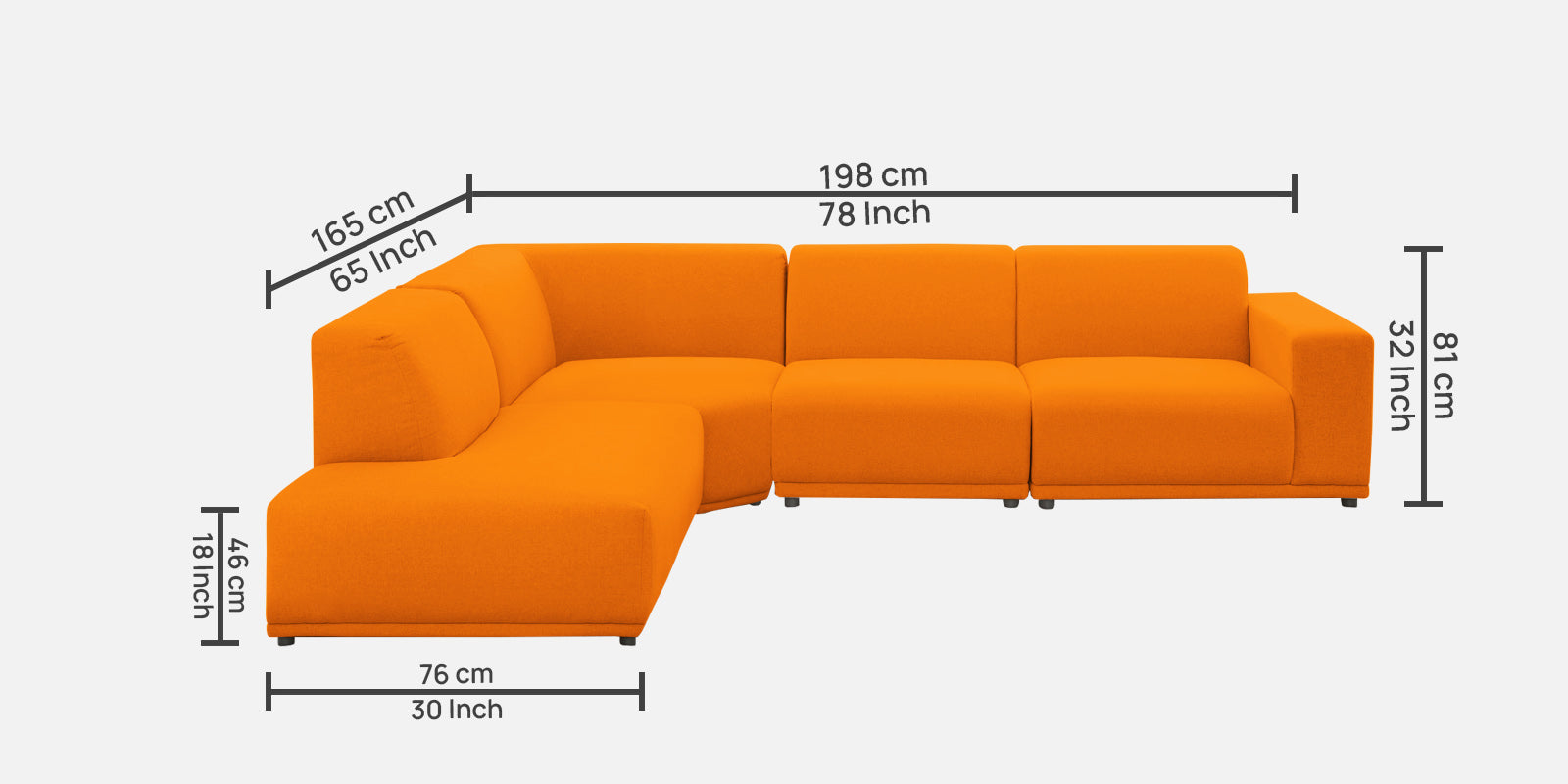 Adam Fabric RHS Sectional Sofa (3 + Lounger) In Vivid Orange Colour