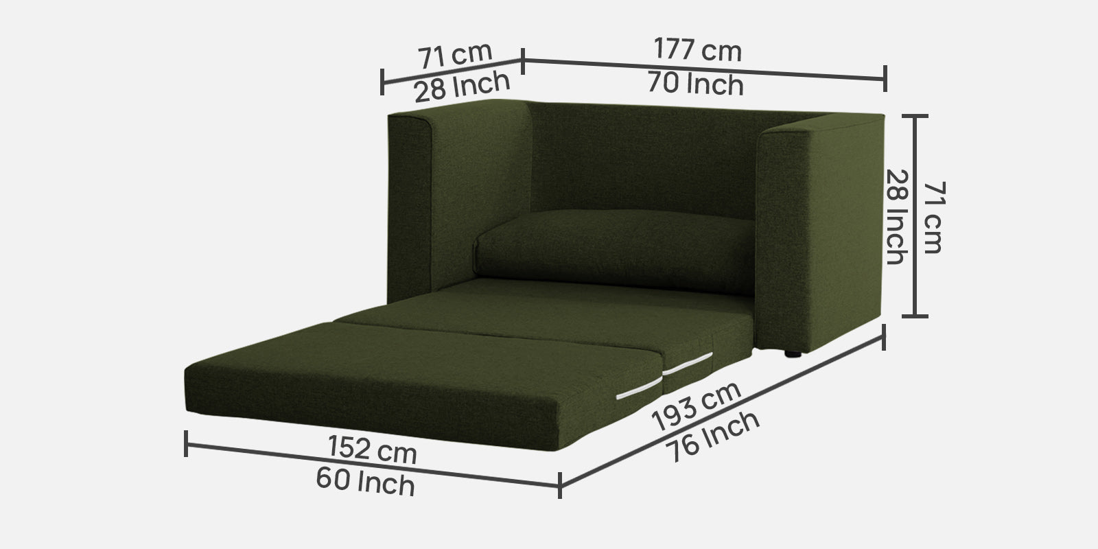 Kenia Fabric 2 Seater Convertible Sofa Cum Bed in Olive Green Colour