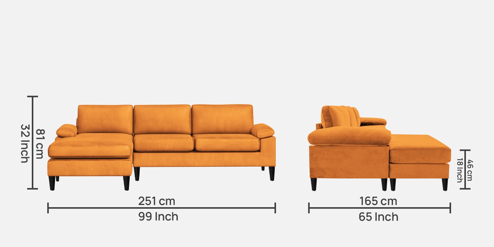 Vegas Velvet RHS Sectional Sofa (3+Lounger) In Tangerine orange Colour