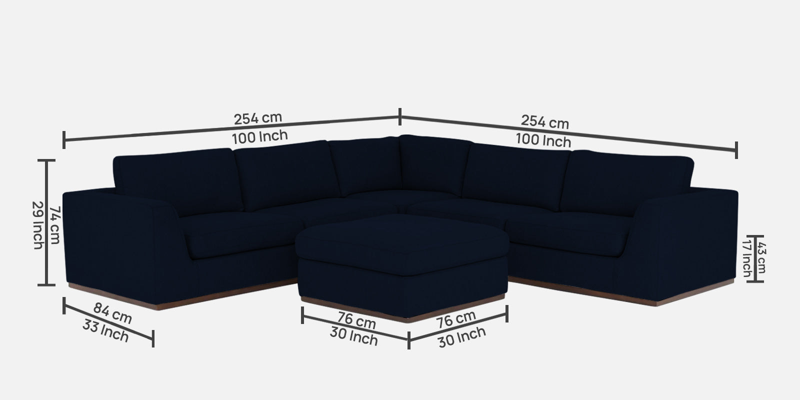 Freedom Velvet 6 Seater LHS Sectional Sofa In Dark Blue Colour With Ottoman