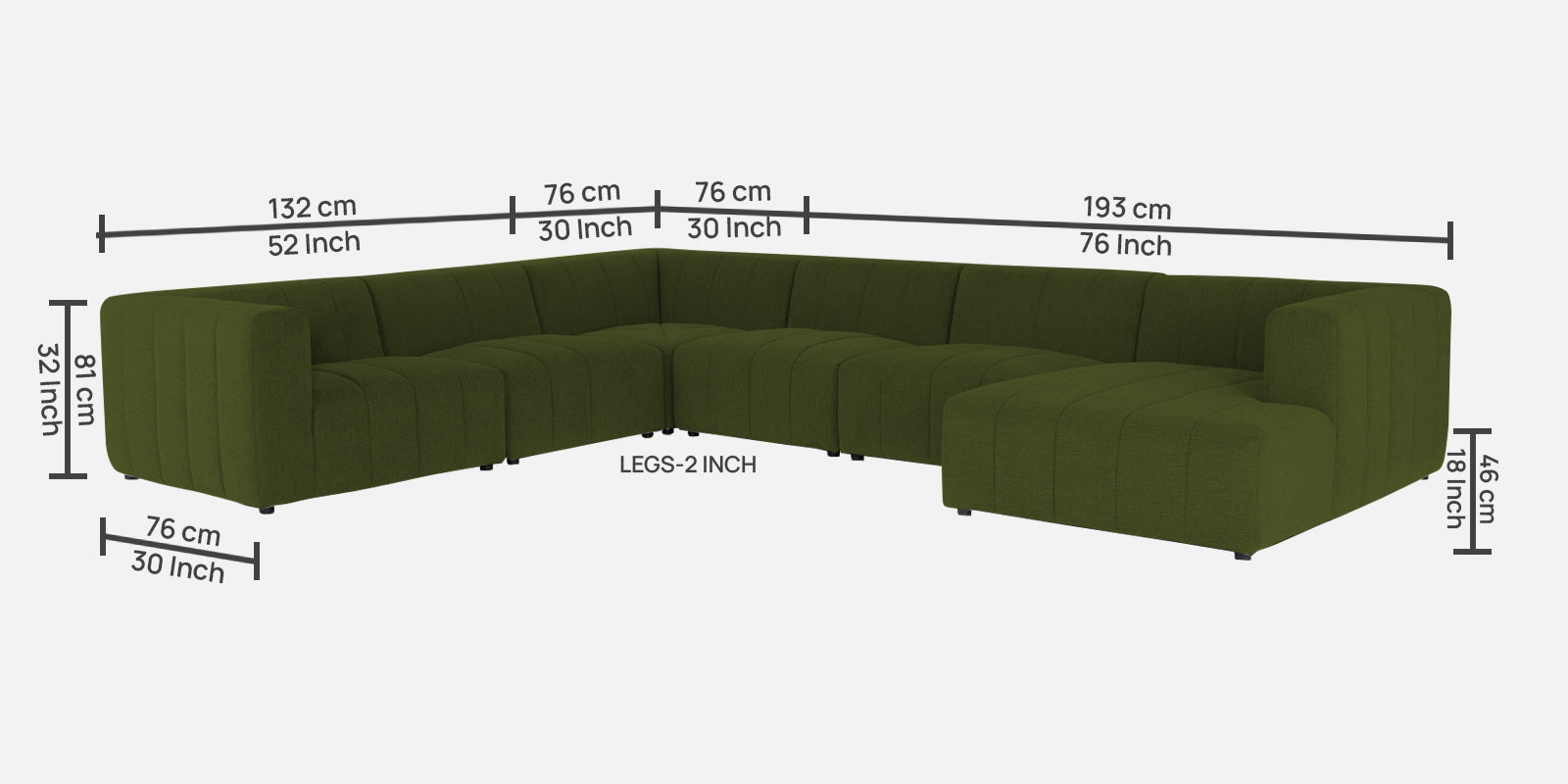 Damo Fabric RHS 8 Seater Sectional Sofa In Olive Green Colour