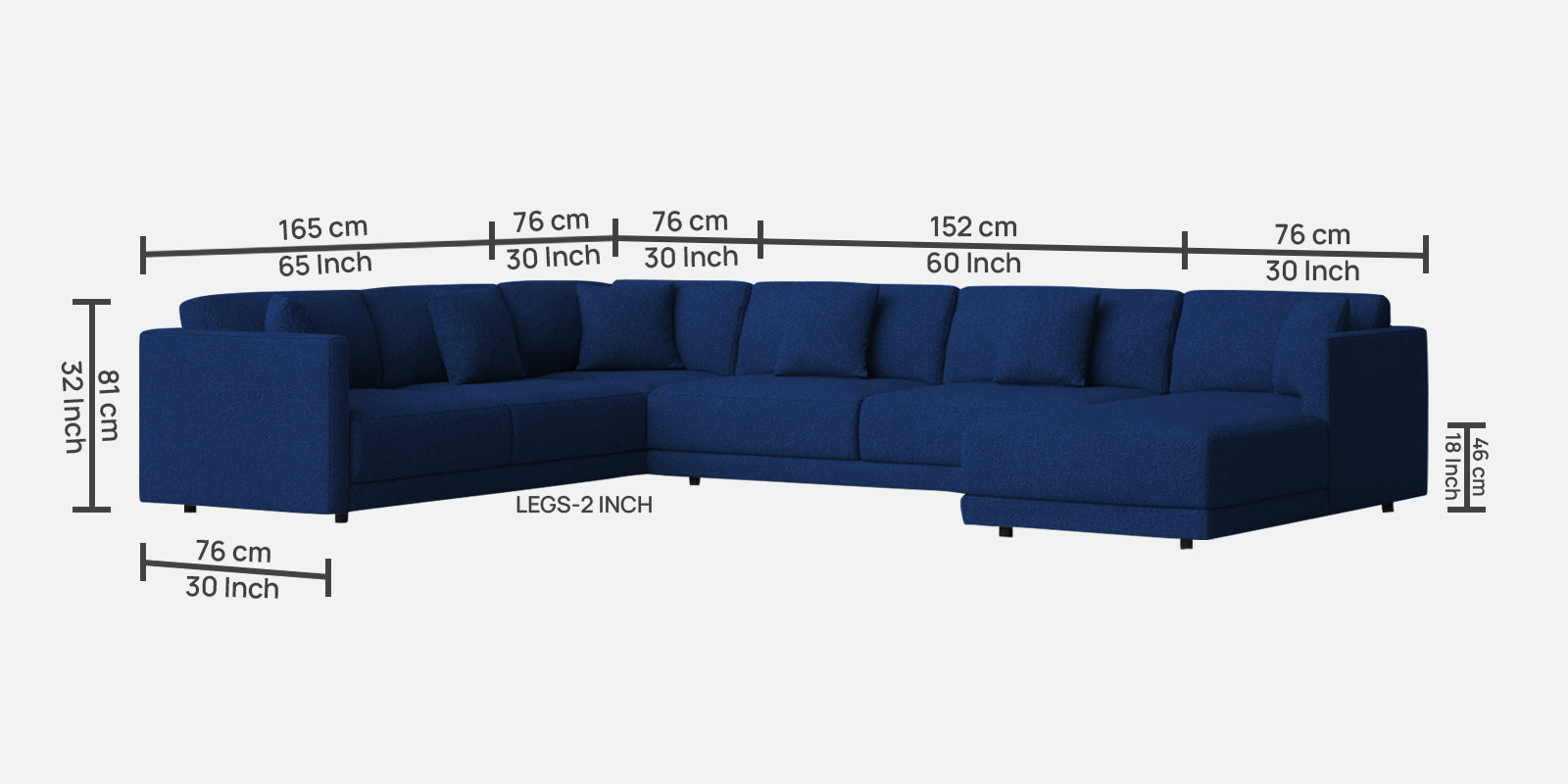 Carlin Fabric LHS 8 Seater Sectional Sofa In Royal Blue Colour