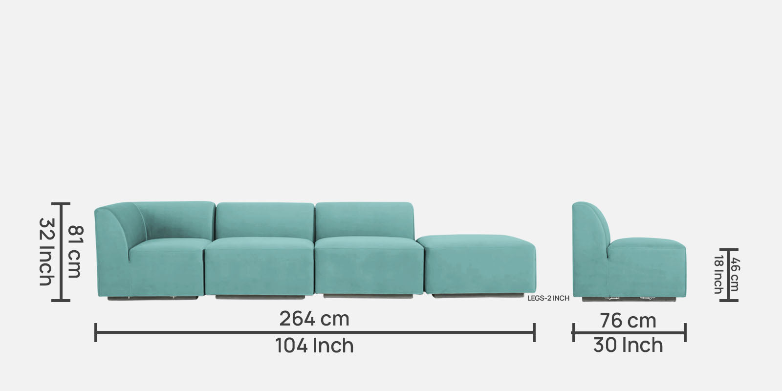 Bufa Velvet RHS Sectional Sofa In Aqua Blue Colour With Ottoman