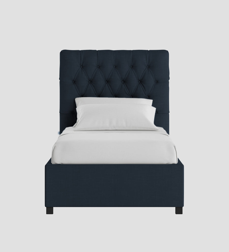 Isko Fabric Upholstered Single Size Bed In Denim Blue Colour With Box Storage - Febonic Living