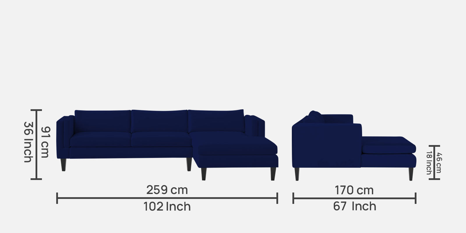 Jasper Velvet LHS Sectional Sofa (3+Lounger) in Royal blue Colour