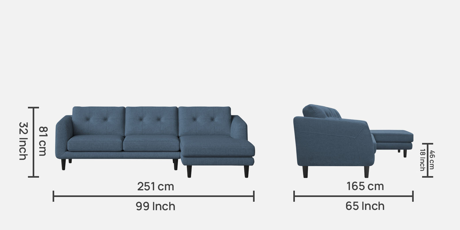 Natasha Velvet LHS Sectional Sofa (3+Lounger) in Oxford Blue Colour