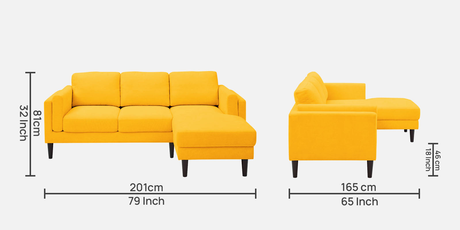 Creata Fabric LHS Sectional Sofa (2+Lounger) in Bold Yellow Colour by Febonic