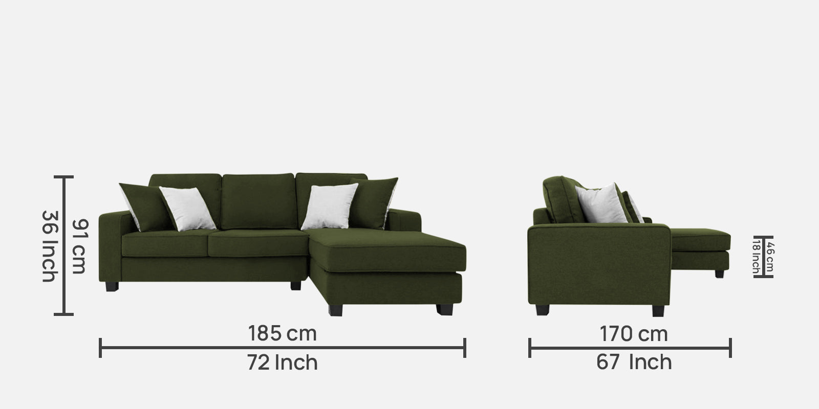 Ladybug Fabric LHS Sectional Sofa (2+Lounger) In Olive Green Colour