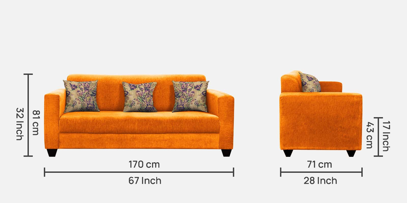 Lipu Fabric 3 Seater Sofa in Vivid Orange Colour