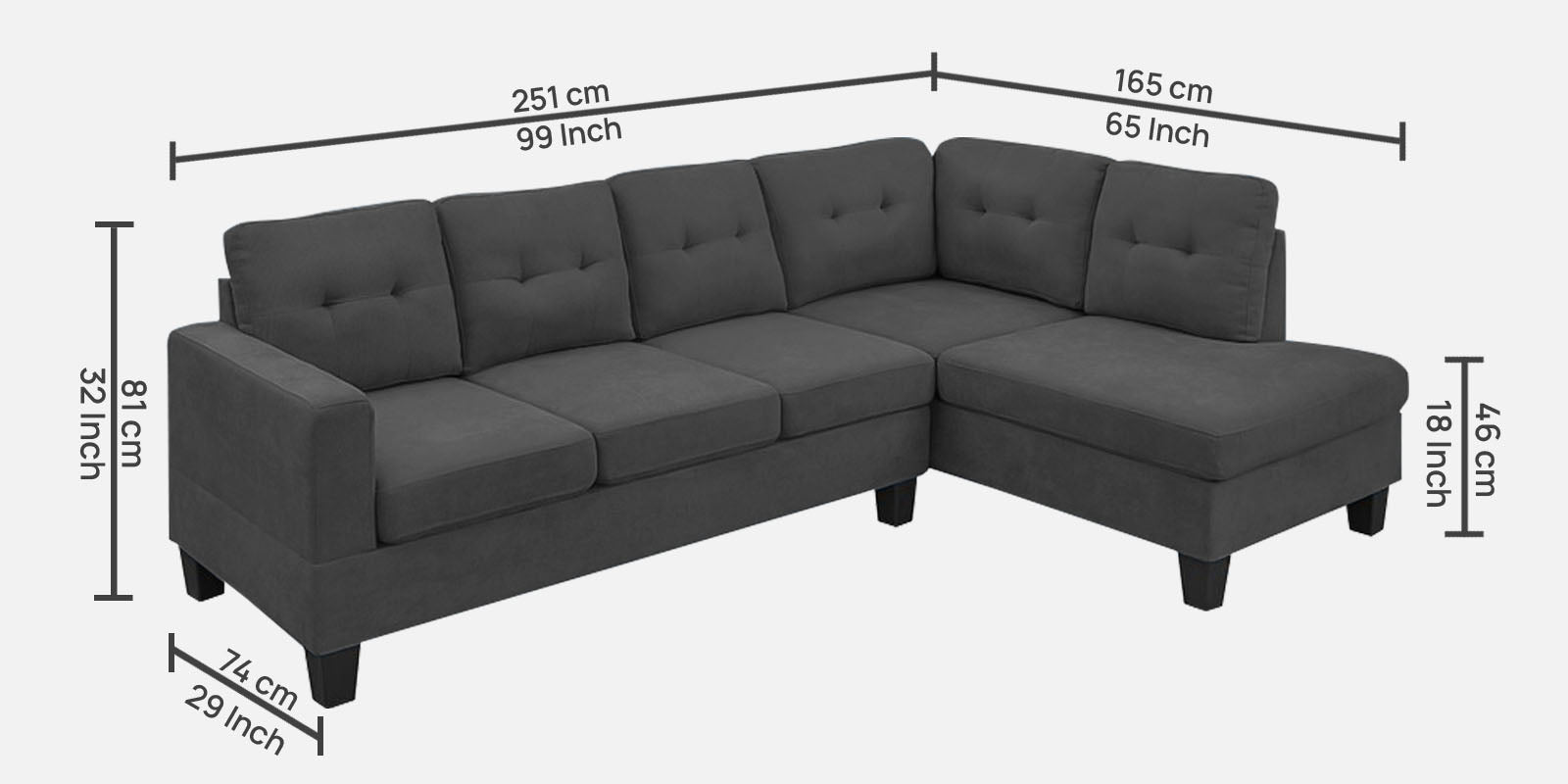 Thomas Fabric LHS Sectional Sofa (3+Lounger) in Charcoal Grey Colour