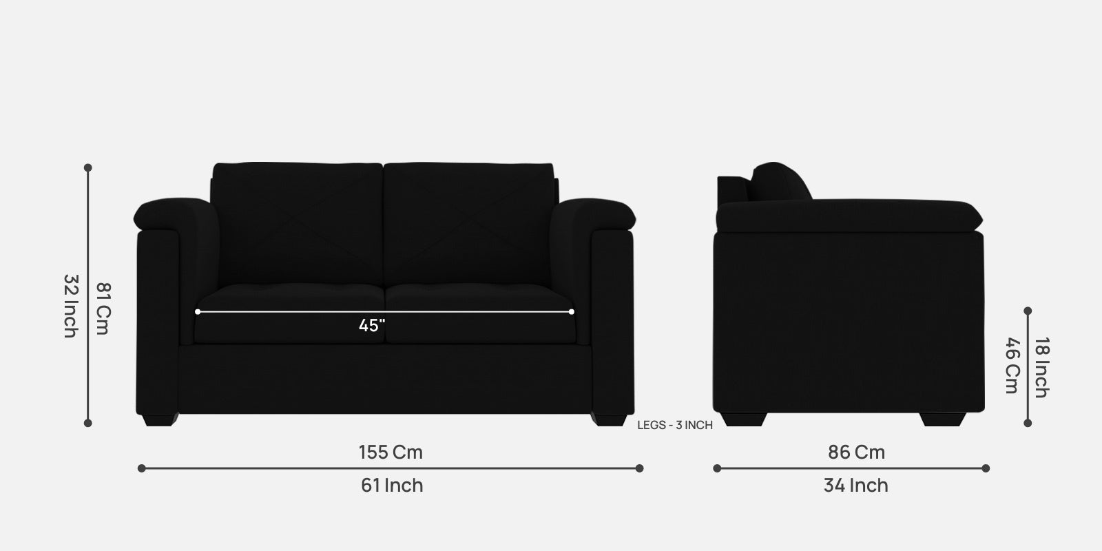 Andry Fabric 2 Seater Sofa in Heather Black Colour