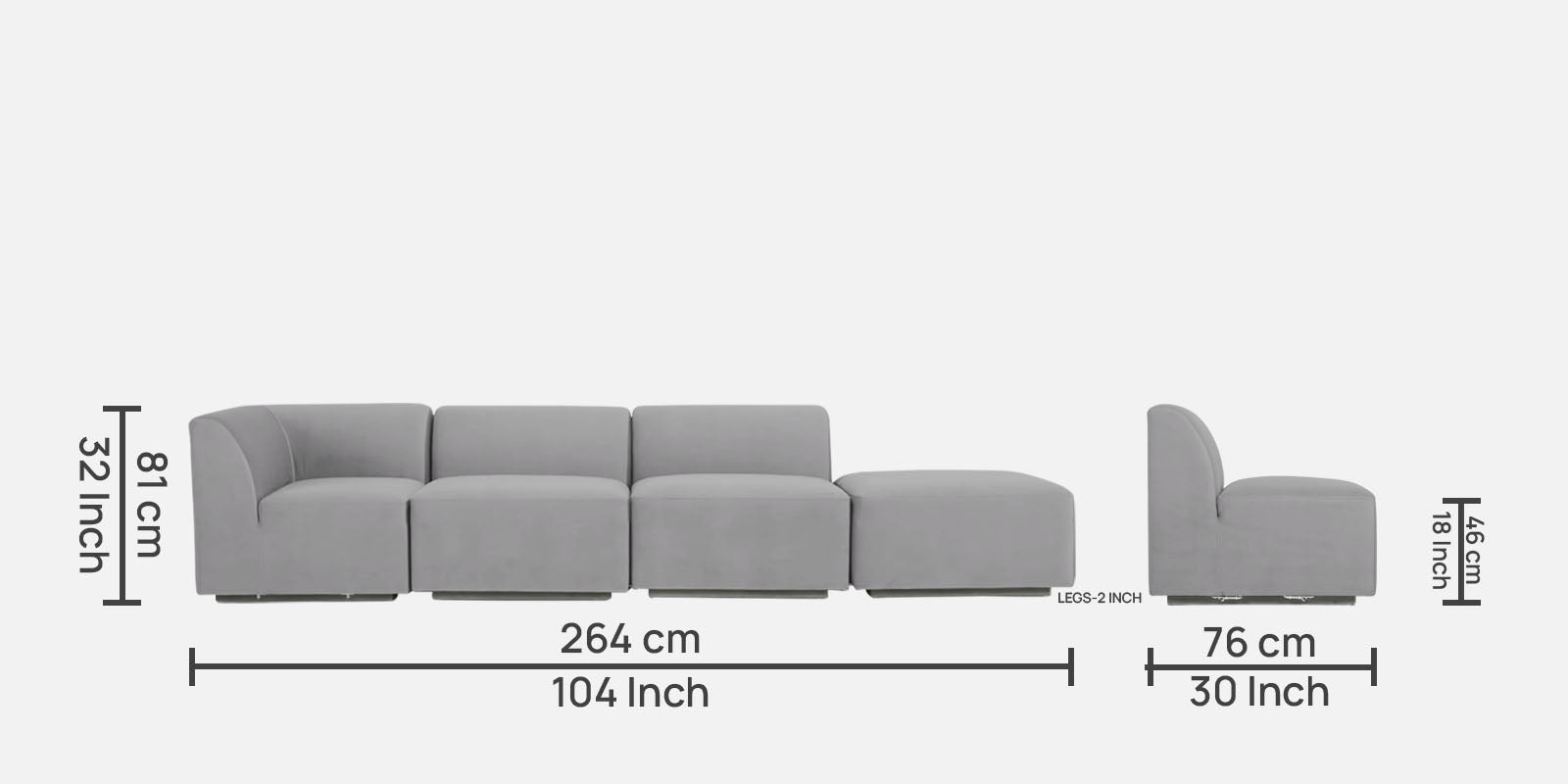 Bufa Velvet RHS Sectional Sofa In Light Grey Colour With Ottoman