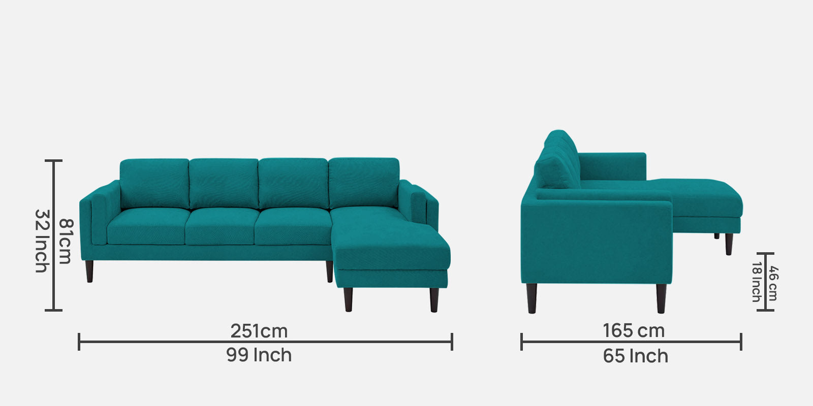 Creata Fabric LHS Sectional Sofa (3+Lounger) in Sea Green Colour by Febonic