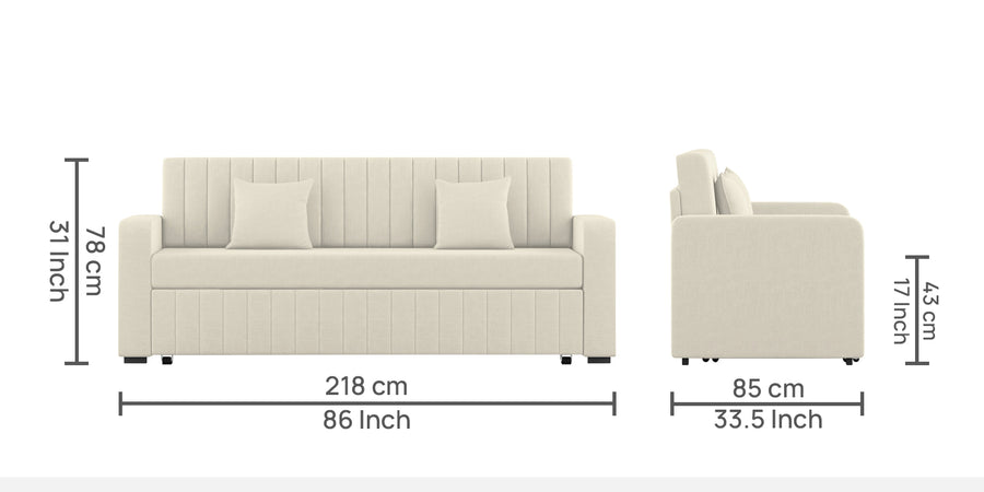 Calra Fabric 3 Seater Pull Out Sofa Cum Bed In Ivory Cream Colour With Storage - Febonic Living
