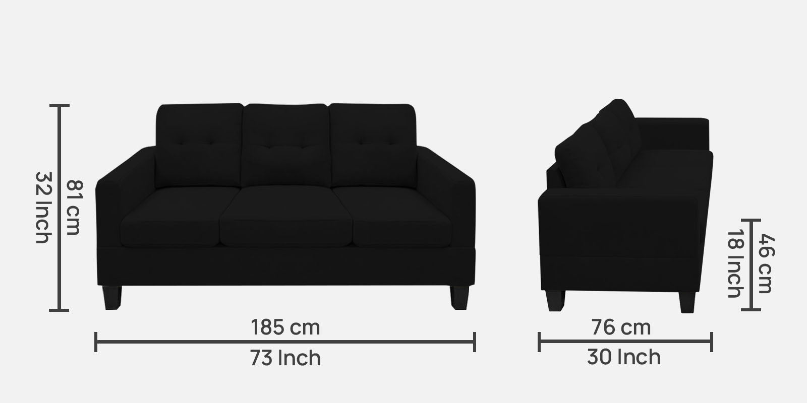 Thomas Fabric 3 Seater Sofa in Zed Black Colour