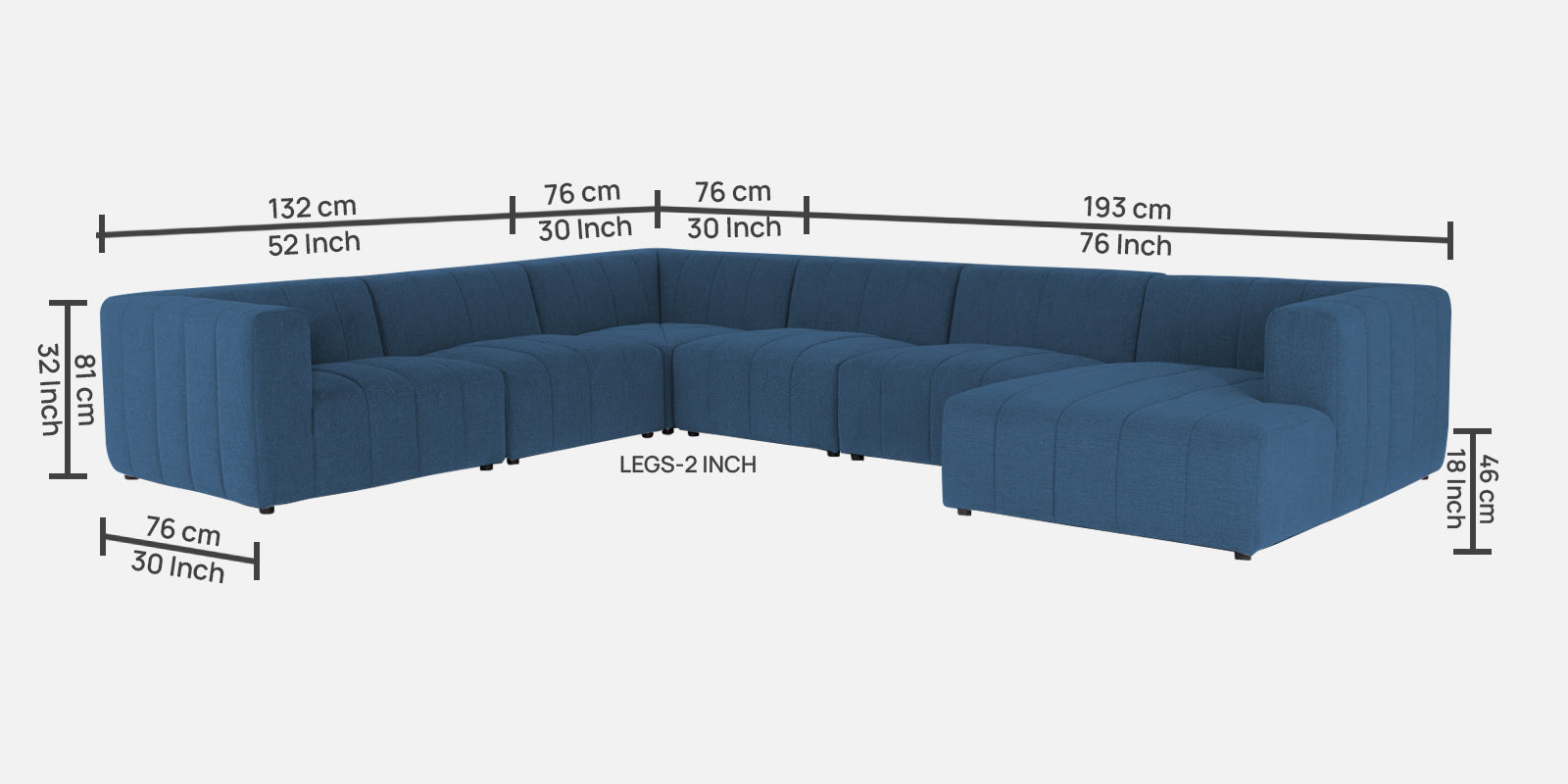 Damo Fabric LHS 8 Seater Sectional Sofa In Light Blue Colour