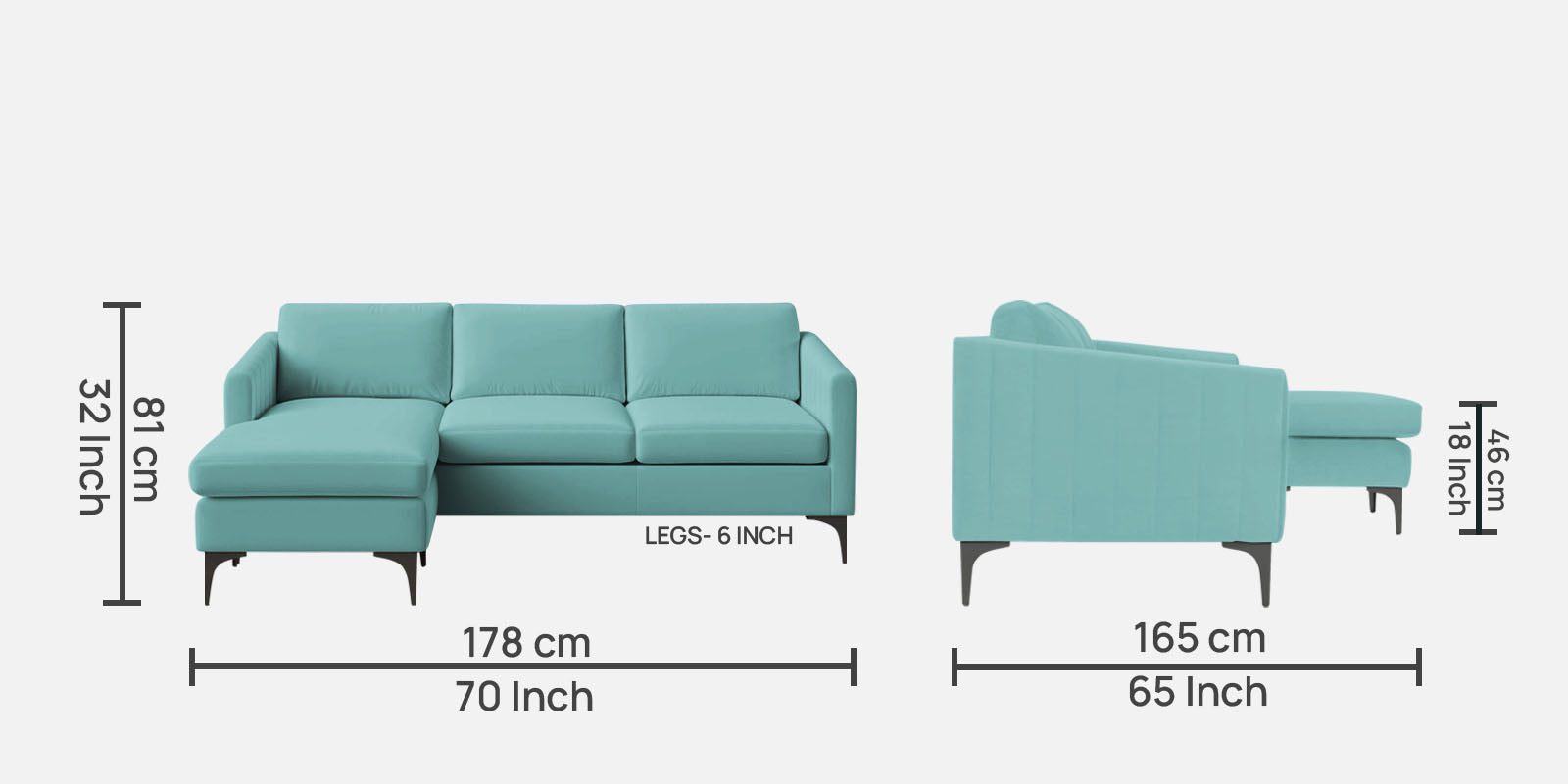 Haru Fabric RHS Sectional Sofa (2+Lounger) in Barmunda Aqua Colour