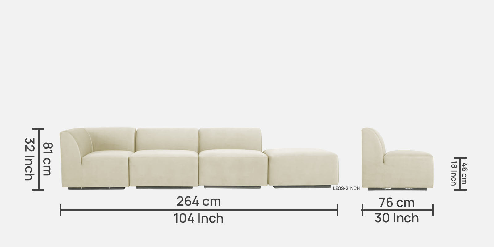 Bufa Velvet RHS Sectional Sofa In Warm White Colour With Ottoman