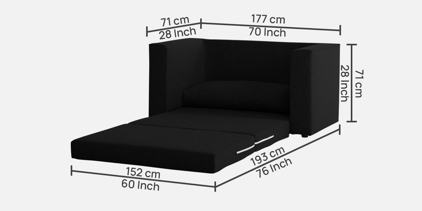 Kenia Fabric 2 Seater Convertible Sofa Cum Bed in Zed Black Colour