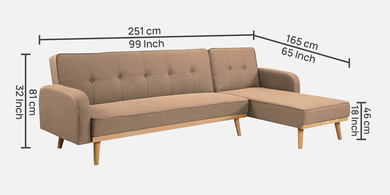 Zuno Fabric RHS Sectional + Sofa Cum Bed In Cookie Beige Colour