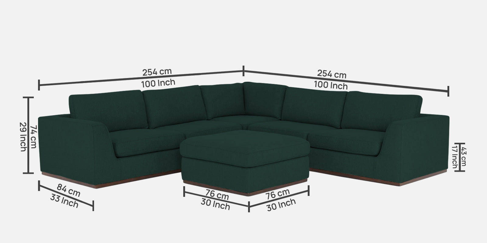 Freedom Velvet 6 Seater LHS Sectional Sofa In Forest Green Colour With Ottoman