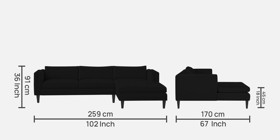 Jasper Velvet Lhs Sectional Sofa 3 Lounger In Adam Black Colour - Febonic Living