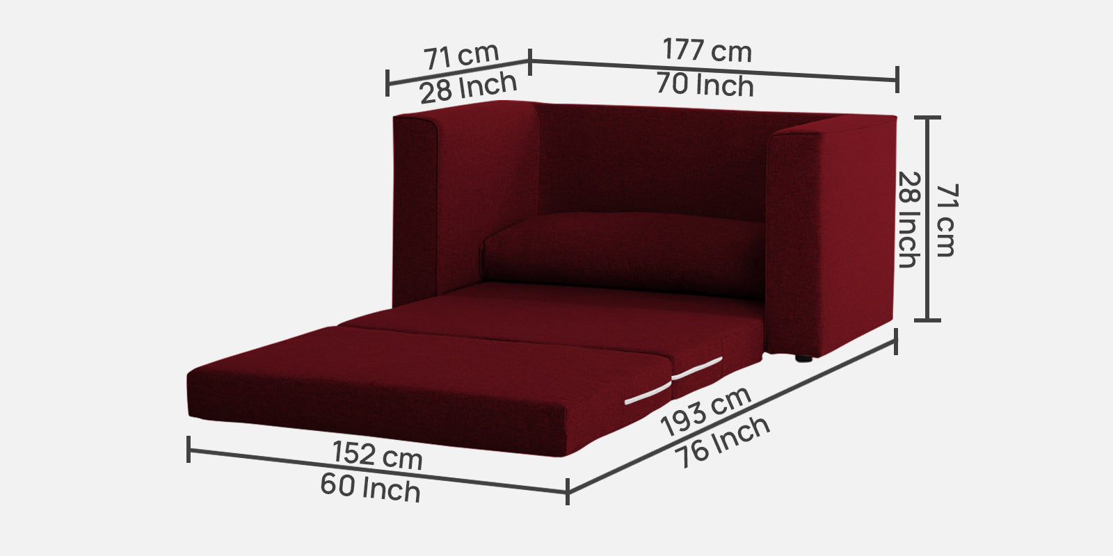 Kenia Fabric 2 Seater Convertible Sofa Cum Bed in Ruby Red Colour