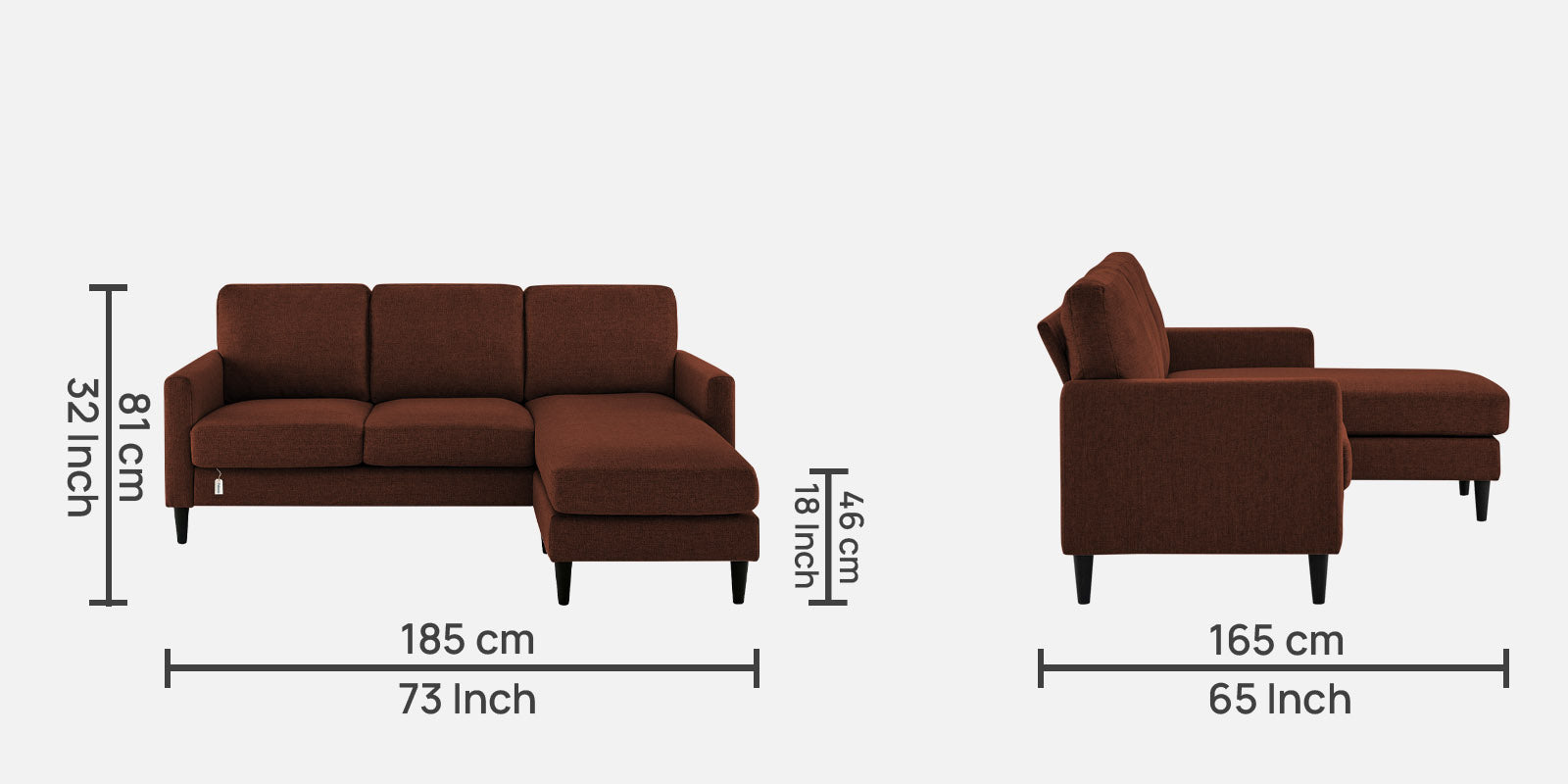 Romie Fabric LHS Sectional Sofa (2+Lounger) in Coffee Brown Colour