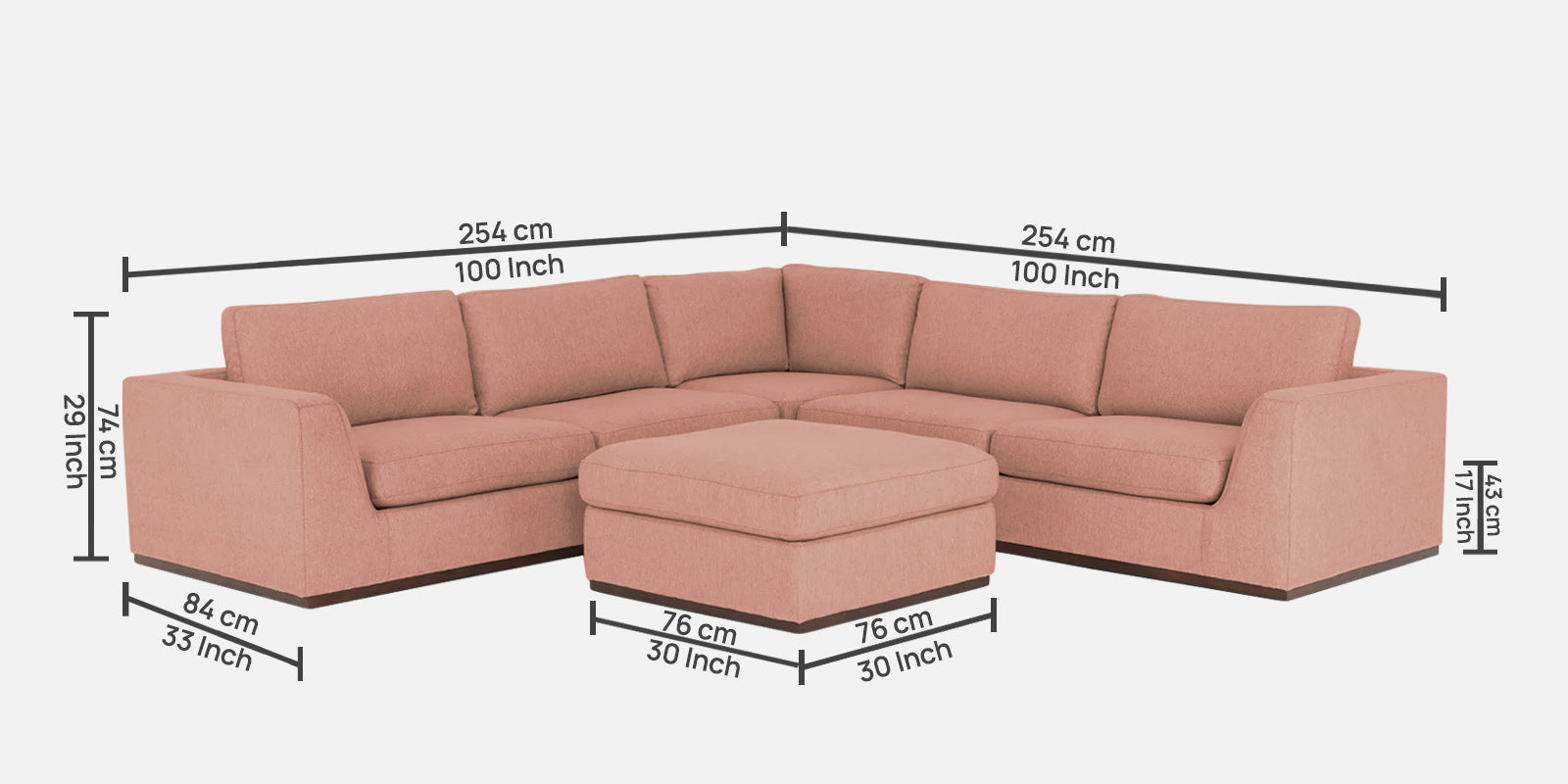 Freedom Velvet 6 Seater LHS Sectional Sofa In Blush Pink Colour With Ottoman