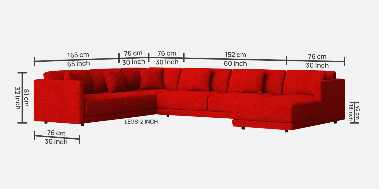 Carlin Fabric LHS 8 Seater Sectional Sofa In Ruby Red Colour