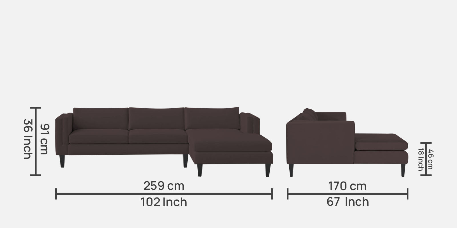 Jasper Velvet LHS Sectional Sofa (3+Lounger) in Mocha Brown Colour