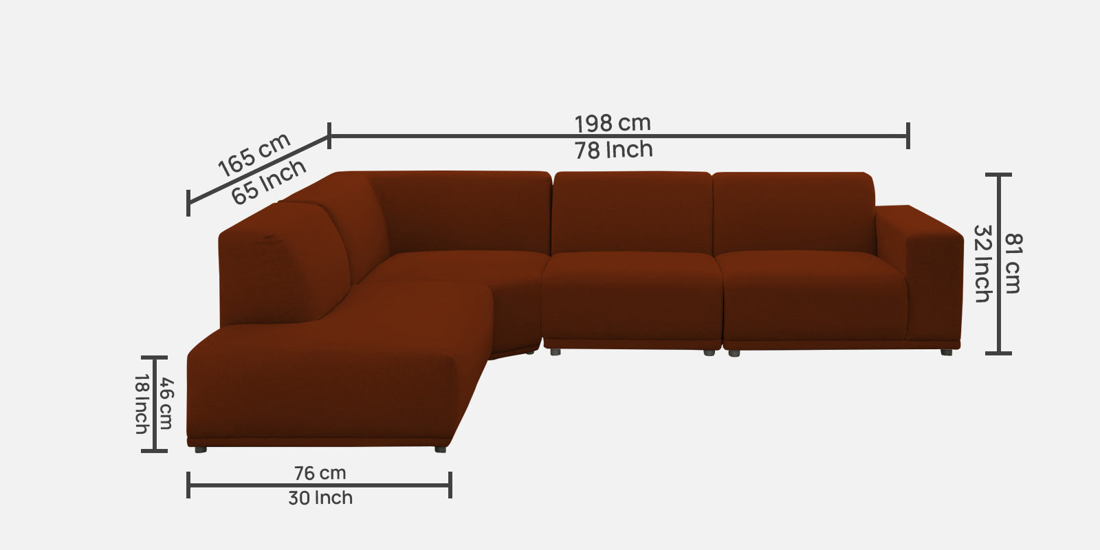 Adam Fabric LHS Sectional Sofa (3 + Lounger) In Burnt Orange Colour