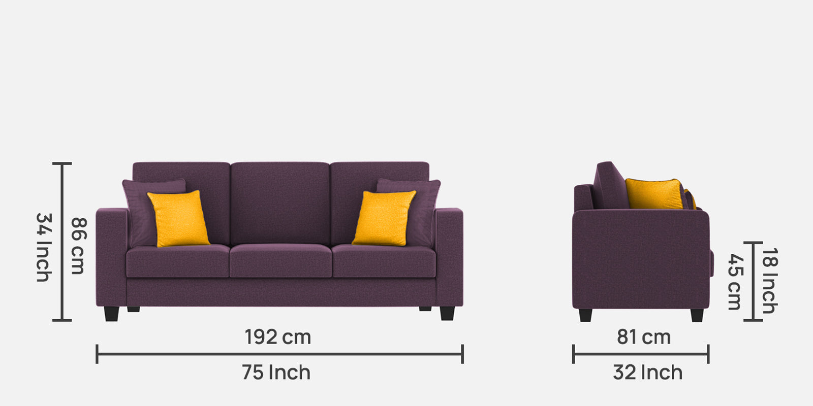 Nabi Fabric 3 Seater Sofa In Greek Purple Colour