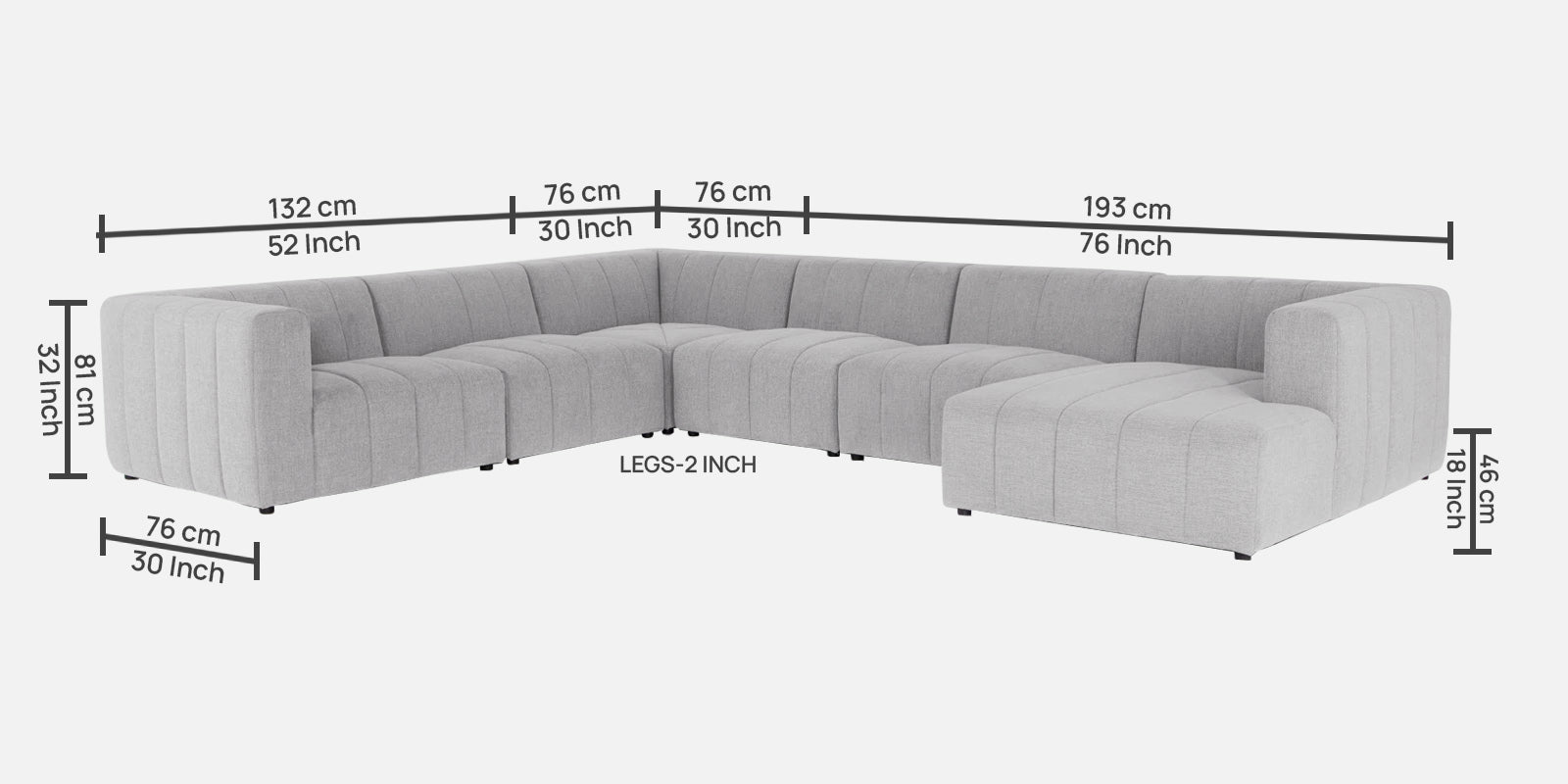 Damo Fabric RHS 8 Seater Sectional Sofa In Lit Grey Colour