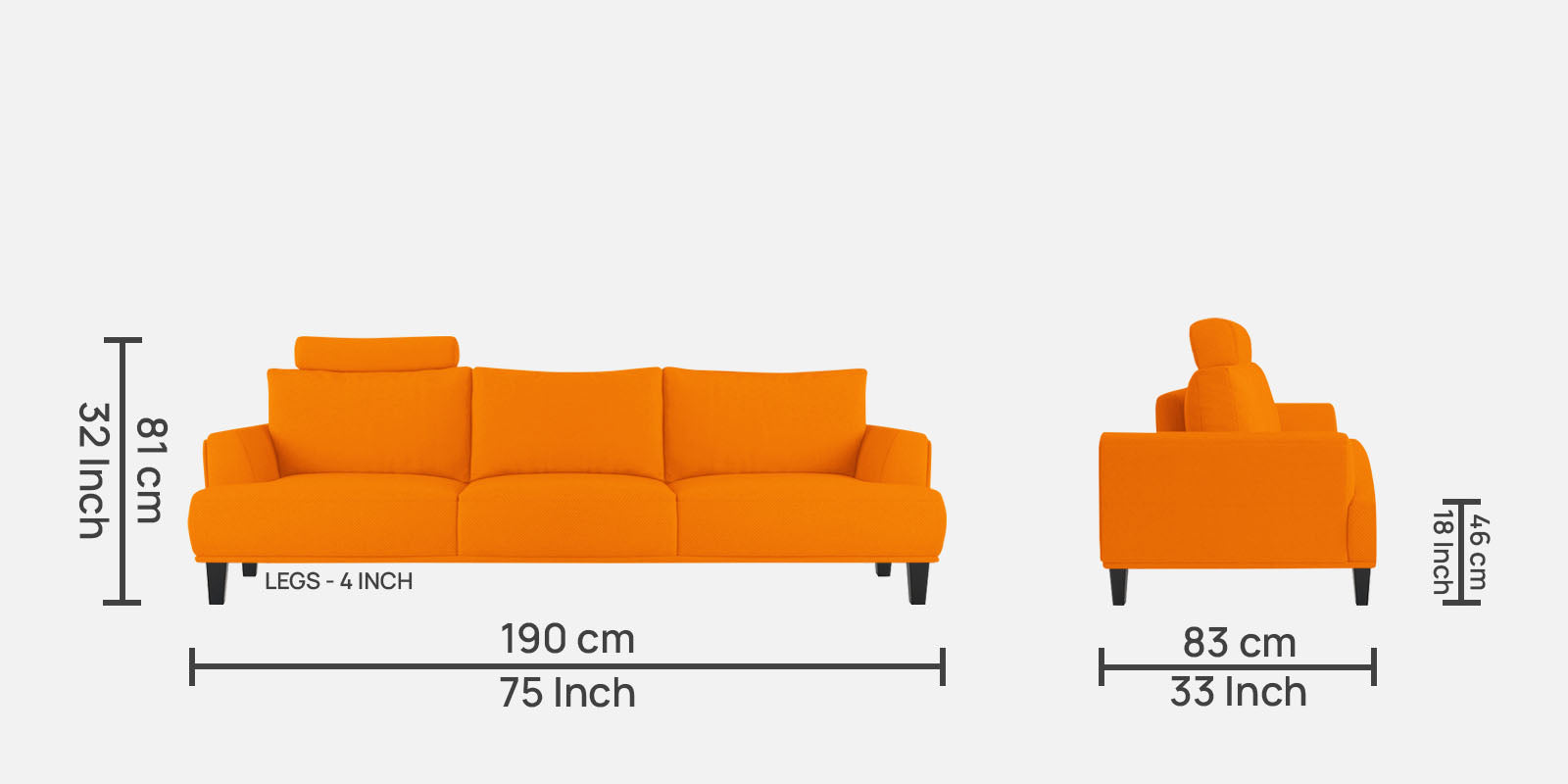 Como Fabric 3 Seater Sofa in Vivid Orange Colour