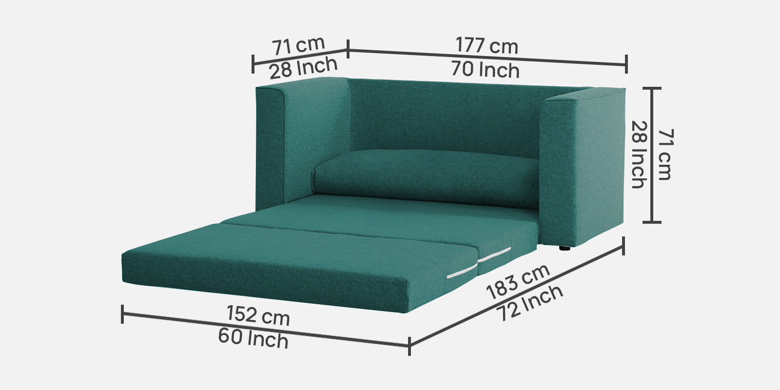 Kenia Fabric 3 Seater Convertible Sofa Cum Bed in Sea Green Colour