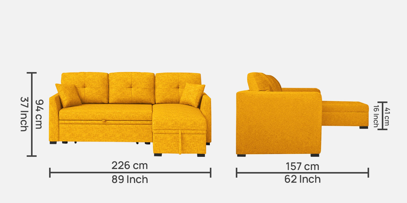 Jody Fabric 3 Seater Pull Out Sofa Cum Bed In Bold Yellow Colour