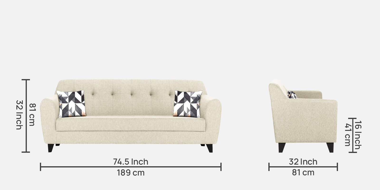 Melaan Fabric 3 Seater Sofa In Ivory cream Colour