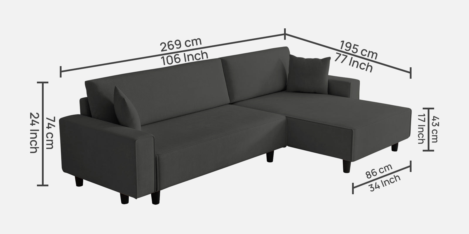 Peach Fabric RHS 6 Seater Sectional Sofa Cum Bed With Storage In Charcoal Grey Colour