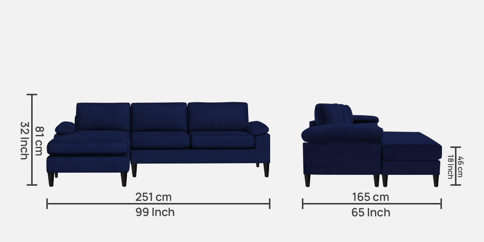 Vegas Velvet RHS Sectional Sofa (3+Lounger) In Imperial Blue Colour