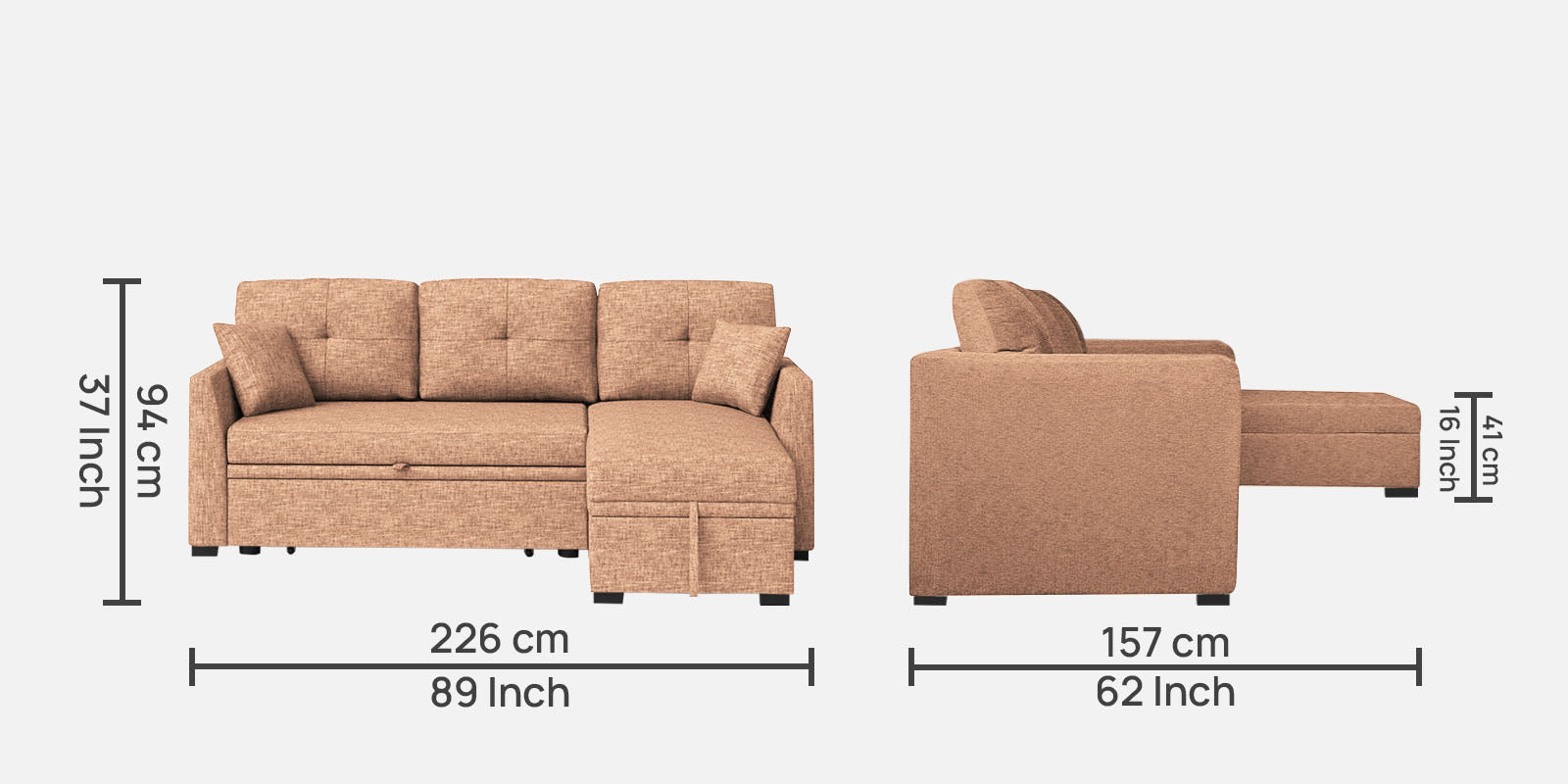 Jody Fabric 3 Seater Pull Out Sofa Cum Bed In Cosmic Beige Colour